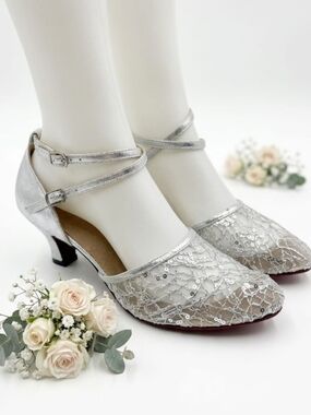 Silver Lace Ankle-Strap Bridal Heels